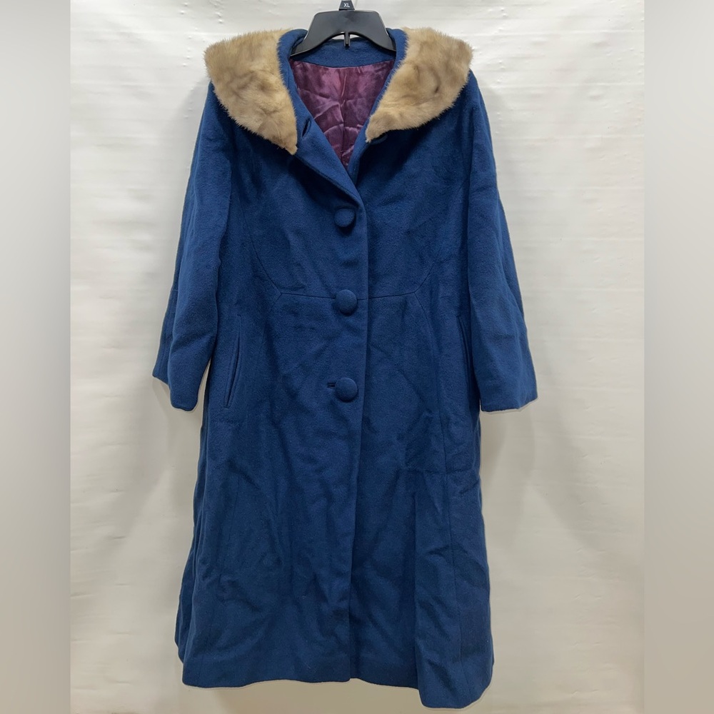 Roberto Fur Collar Coat Women’s Large Blue Wool Brown Fur Pockets Vintage
